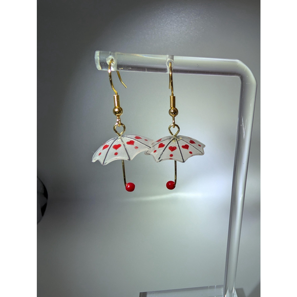 Umbrella Red and White Heart Dangles Gold Tone Stainless Steel Hooks - Picture 8 of 9
